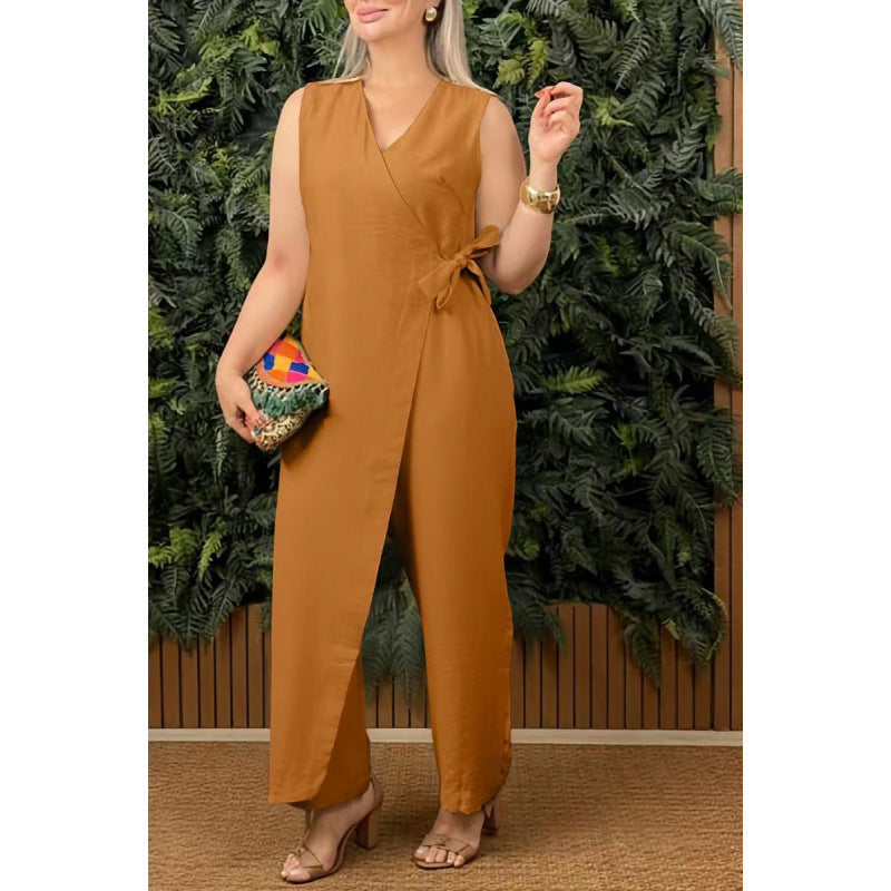 Women's Solid Color Casual V-neck Bandage Jumpsuit