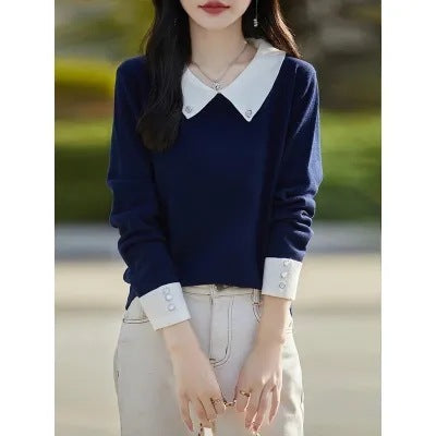 French-Inspired Contrast Color Lapel Bottoming Sweater for Women – Stylish and Trendy