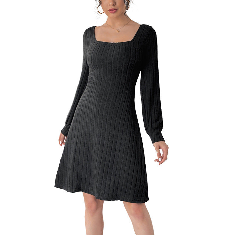 Brushed Sunken Stripe Long-Sleeve Dress with Split V-Neck