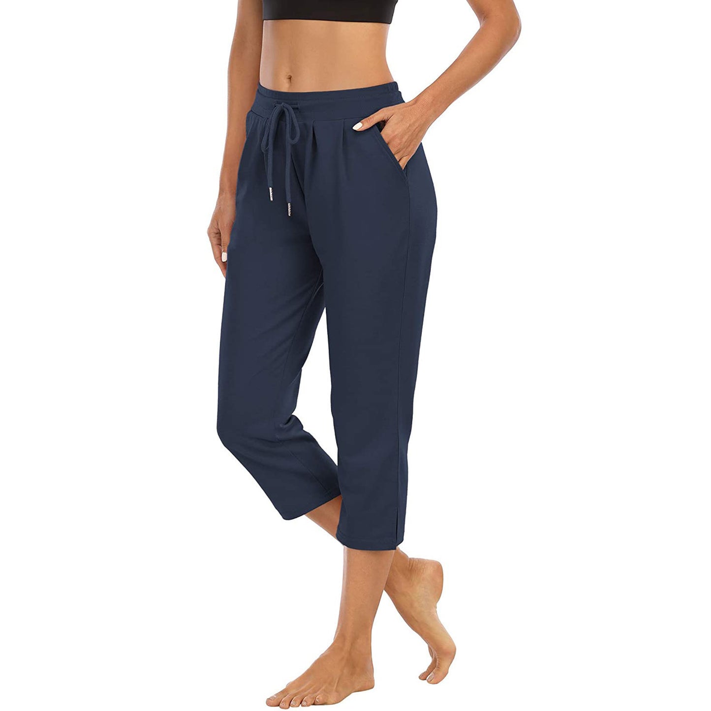 Women's Solid Color Pocket High Top Sports Fitness Yoga Wide Leg Cropped Pants