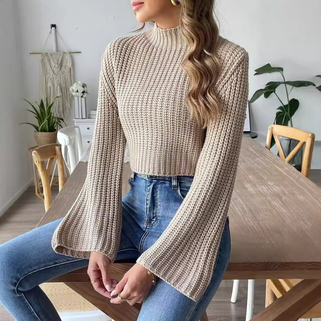 Women's Cropped Bell Sleeve Half-Turtleneck Knit Pullover