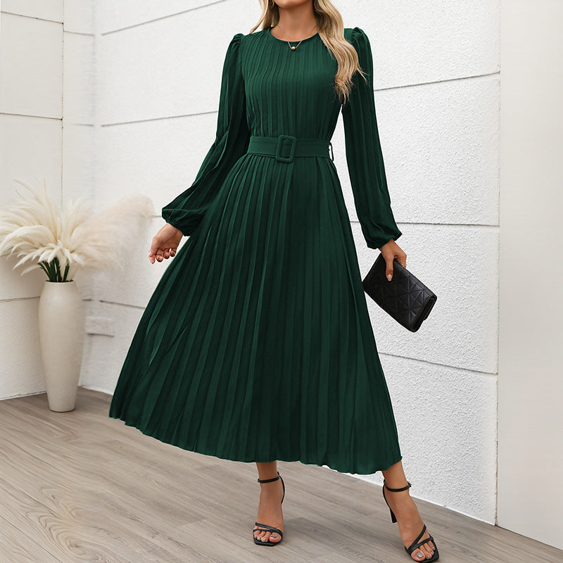 Women's Long-Sleeve Pleated Dress with Round Neck Design