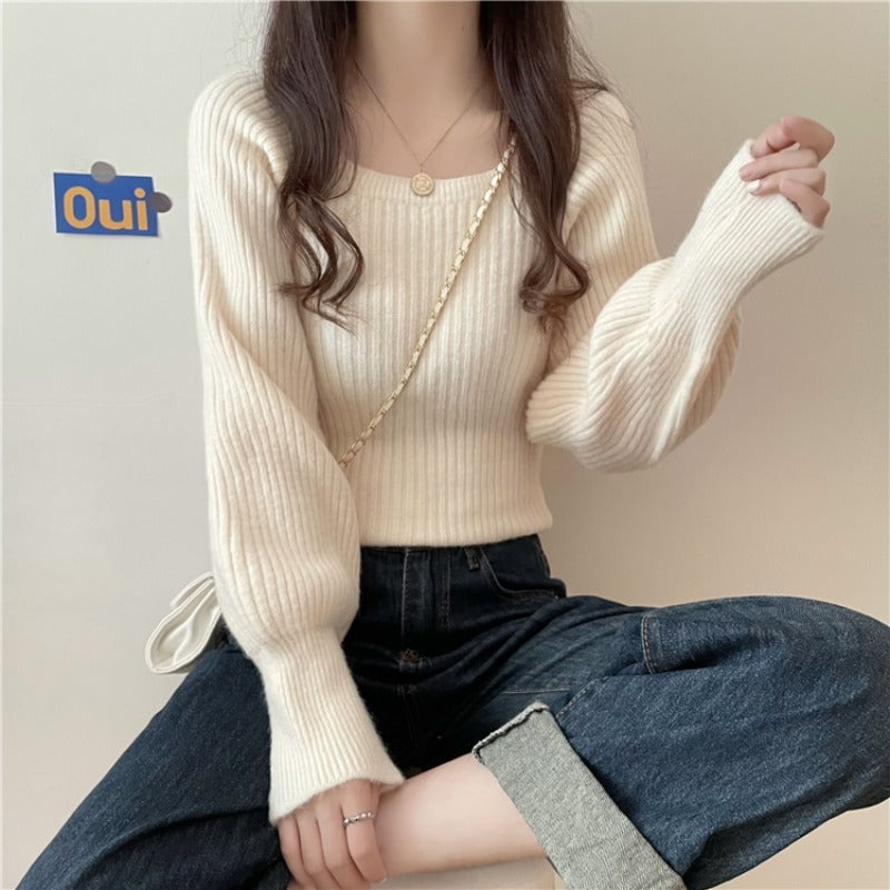 Western Style Low Collar Slim-Fit Long Sleeve Sweater Top