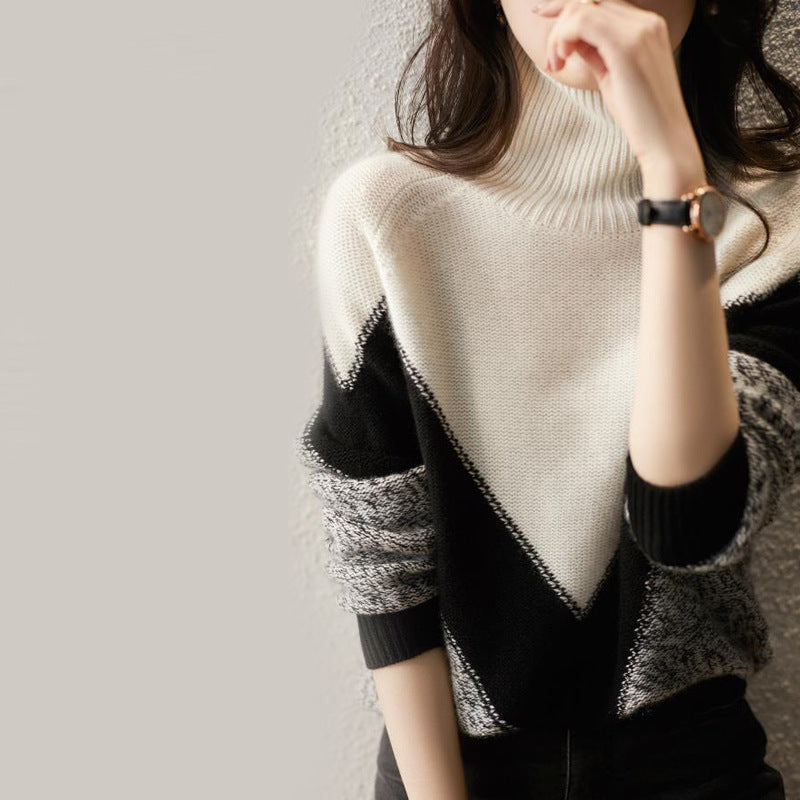 Women's Color-Block Turtleneck Sweater – Stylish and Versatile Bottoming Top