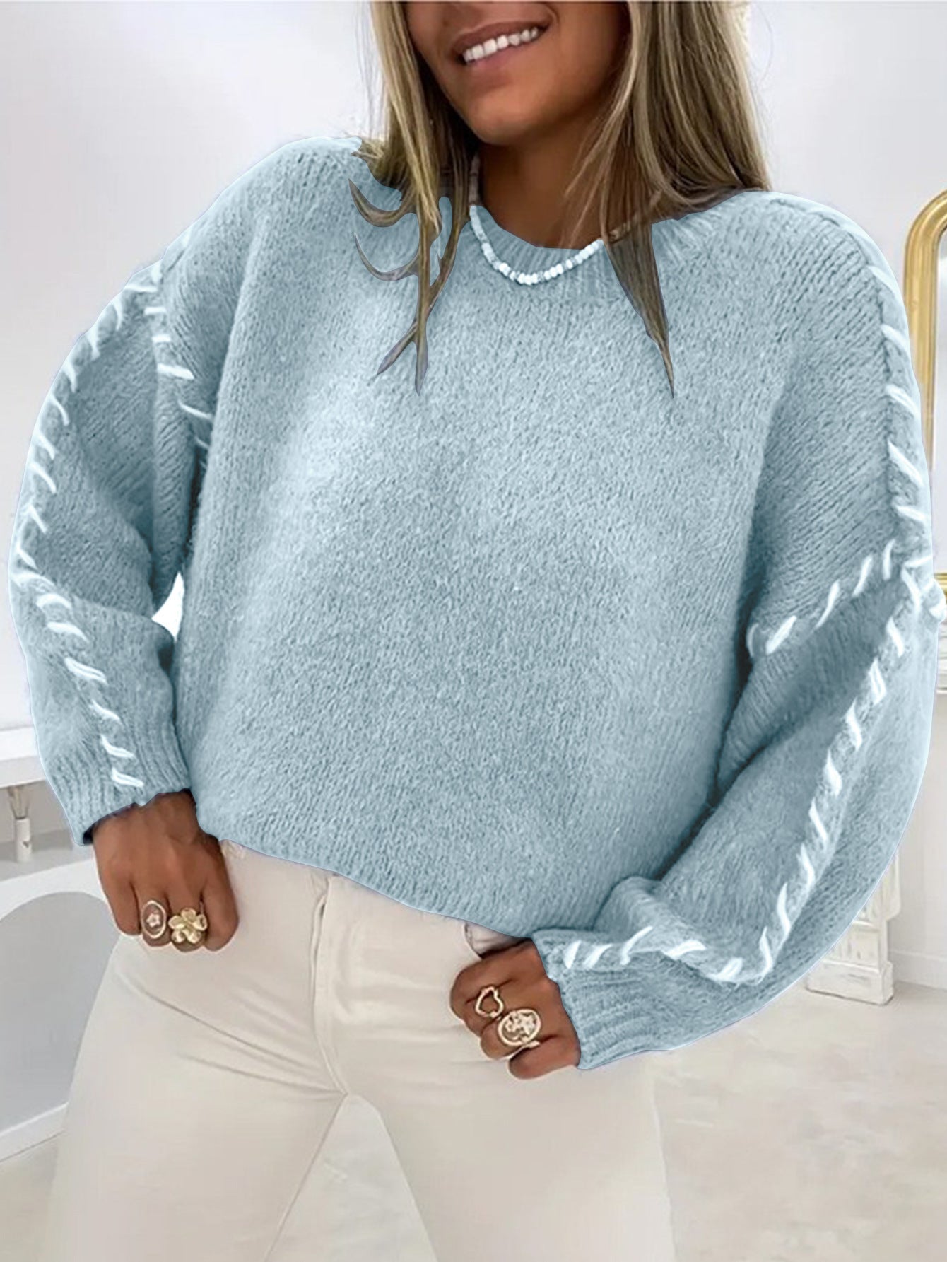 Spring and Autumn Fashion Solid Color Round Neck Loose-Fit Long Sleeve Knitted Sweater