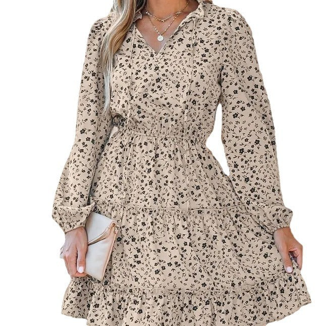 Printed Long Sleeve Dress for Women – Waist-Slimming Elegant Design