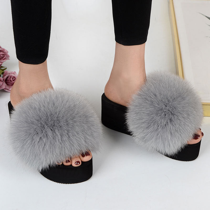 New Fox Fur Women Sandals Height Increasing Casual