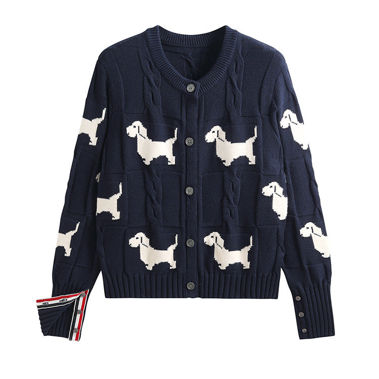 Dog Jacquard Design Twist Knit Cardigan with Round Neck