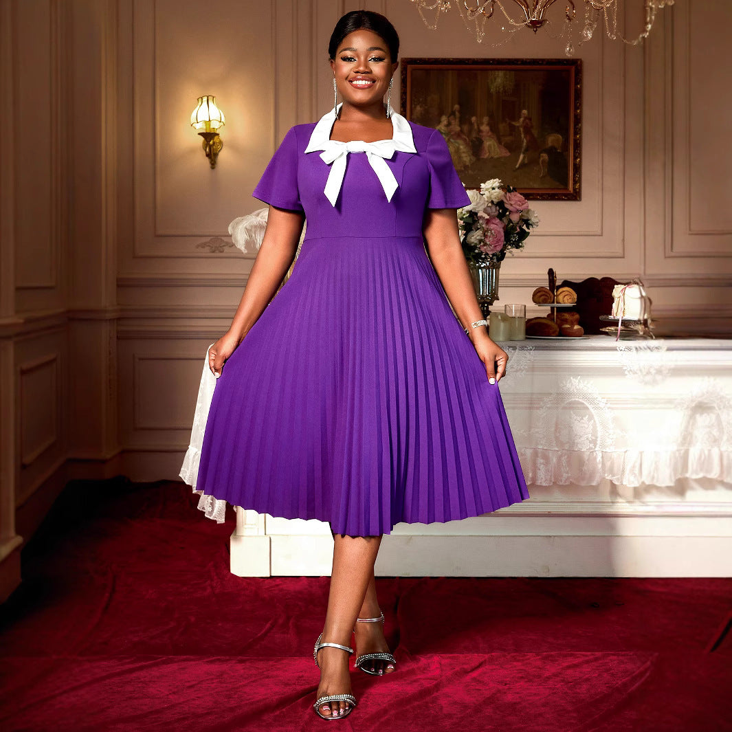 Plus Size Elegant Pleated Bow Square Collar Slimming Dress