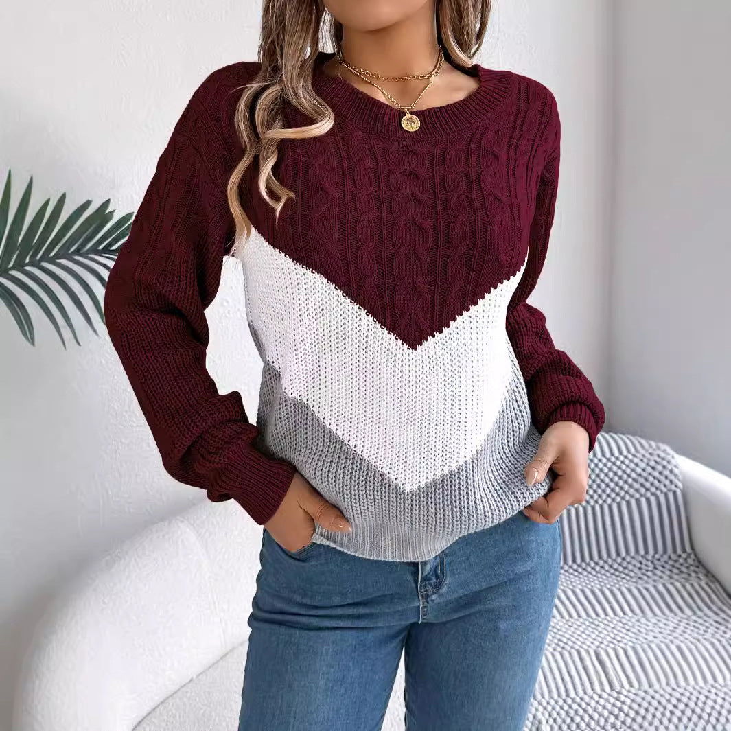 Color-Blocked Twist Lantern Sleeve Knitted Pullover Sweater