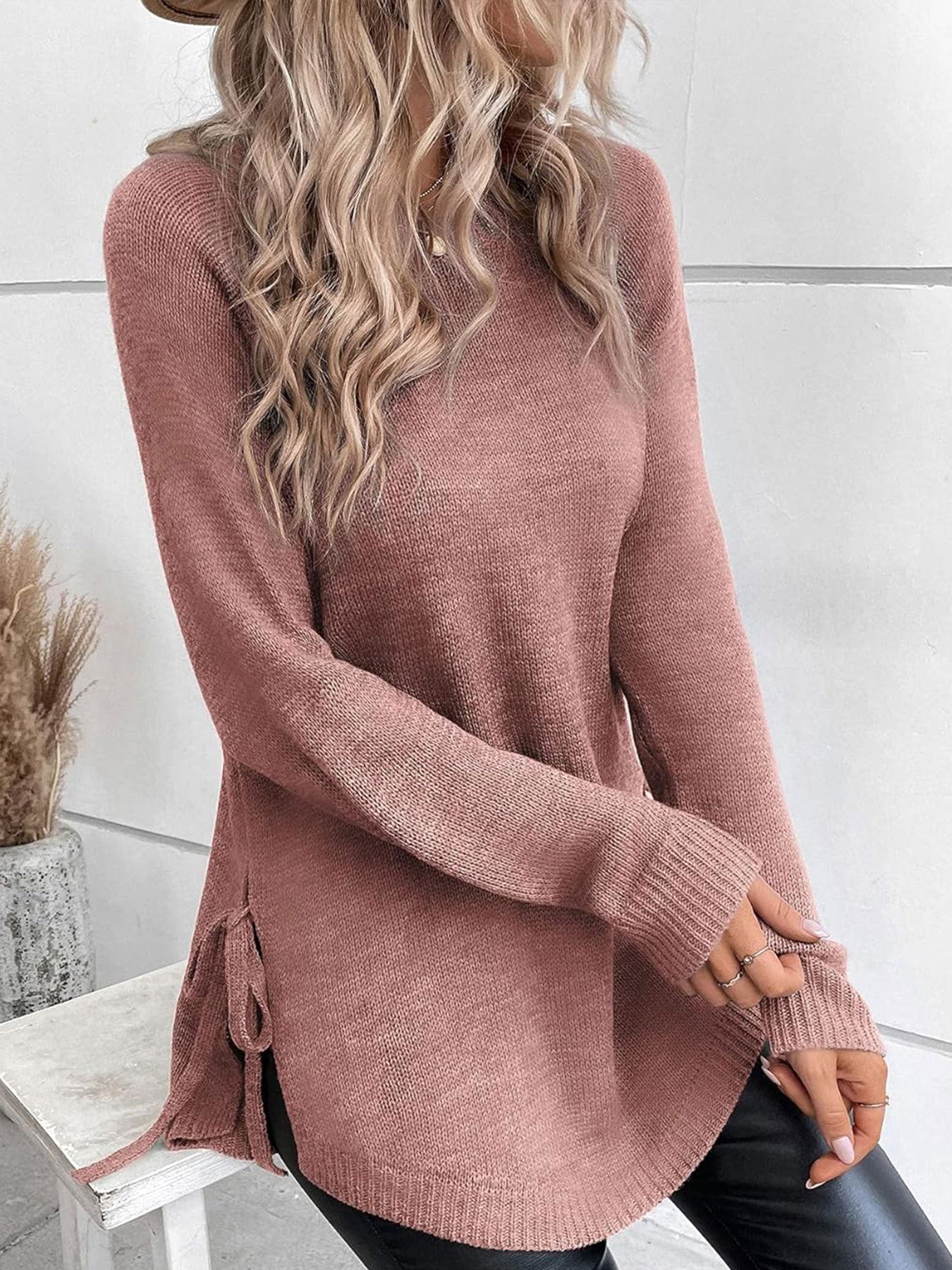 Elegant Round Neck Side Lace-Up Long Sleeve Pullover Sweater