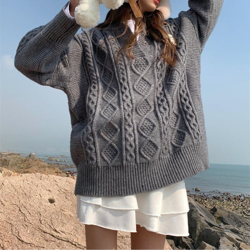 New Loose-Fit Cable-Knit Pullover Sweater - Cozy Lazy Style