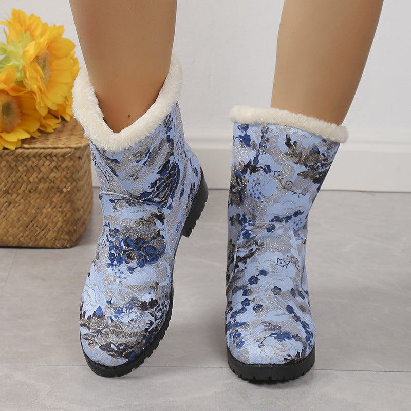 European and American Floral Plus Velvet Snow Boots for Women