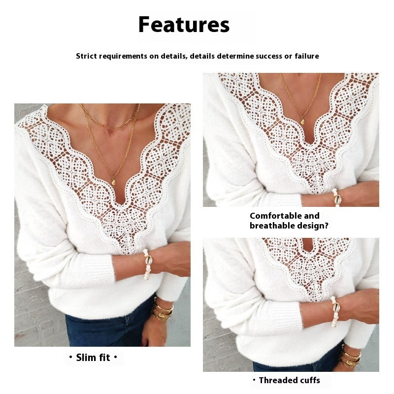 White Lace V-Neck Sweater – Warm and Elegant Top for Women