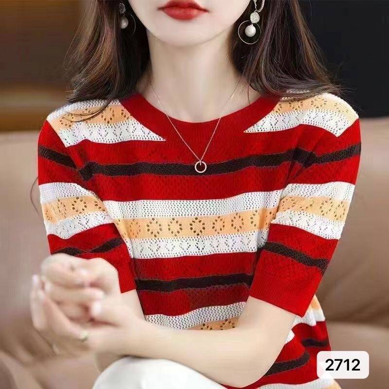 Color-Block Hollow-Out Loose Striped Top with Half Sleeves