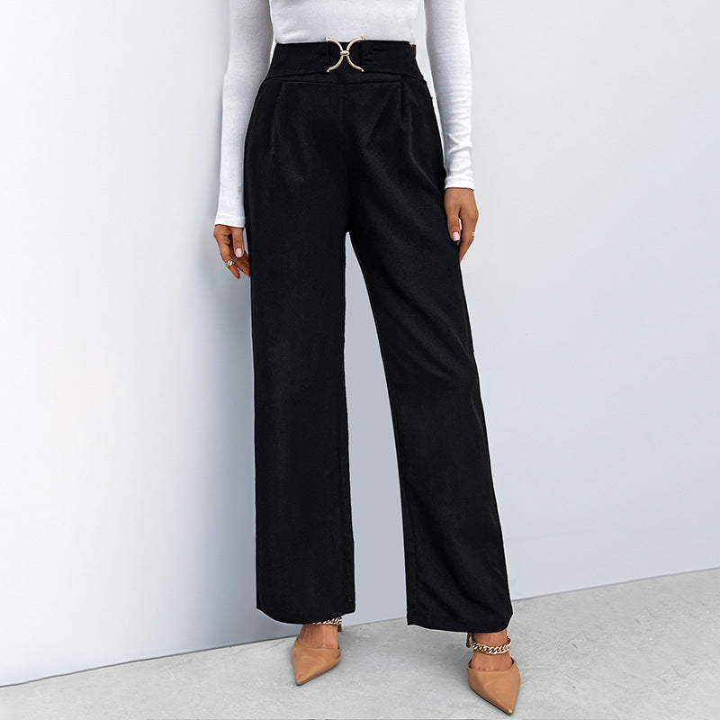 European and American Style Solid Color High-Waisted Straight Pants with Buckle