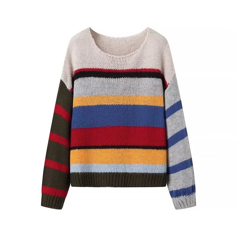 Women's Round Neck Rainbow Striped Sweater – Colorful and Cozy Knit Pullover