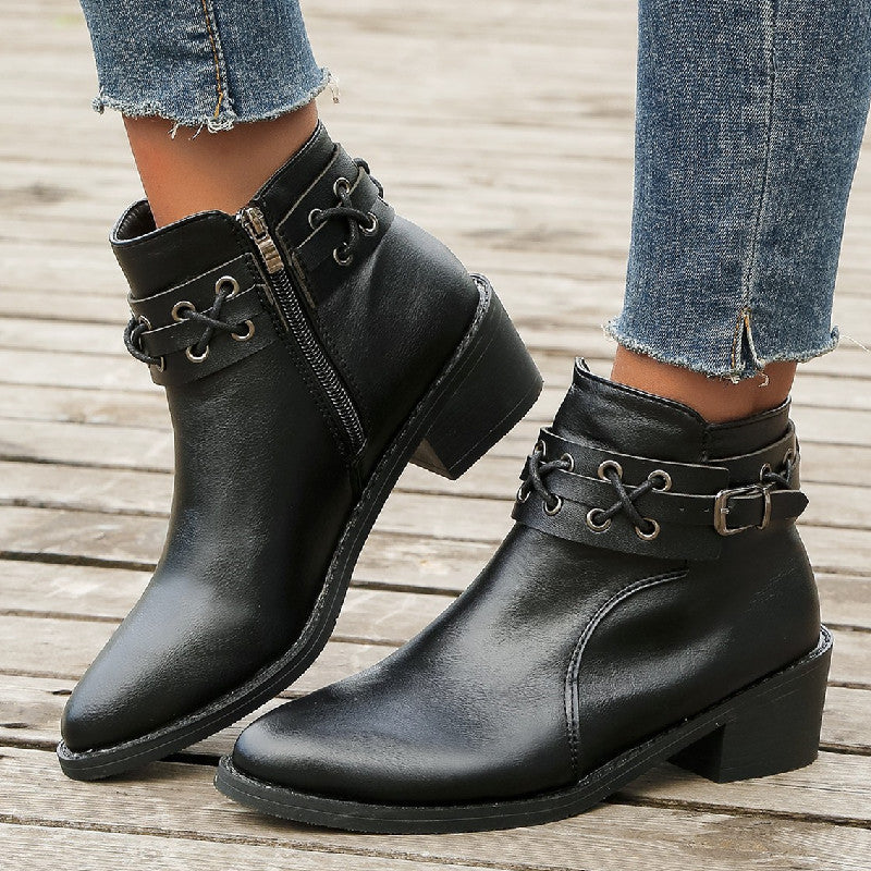 Women's Ankle Boots with Pointed Toe, Side Zip, Thick Heel, and Rivet Details