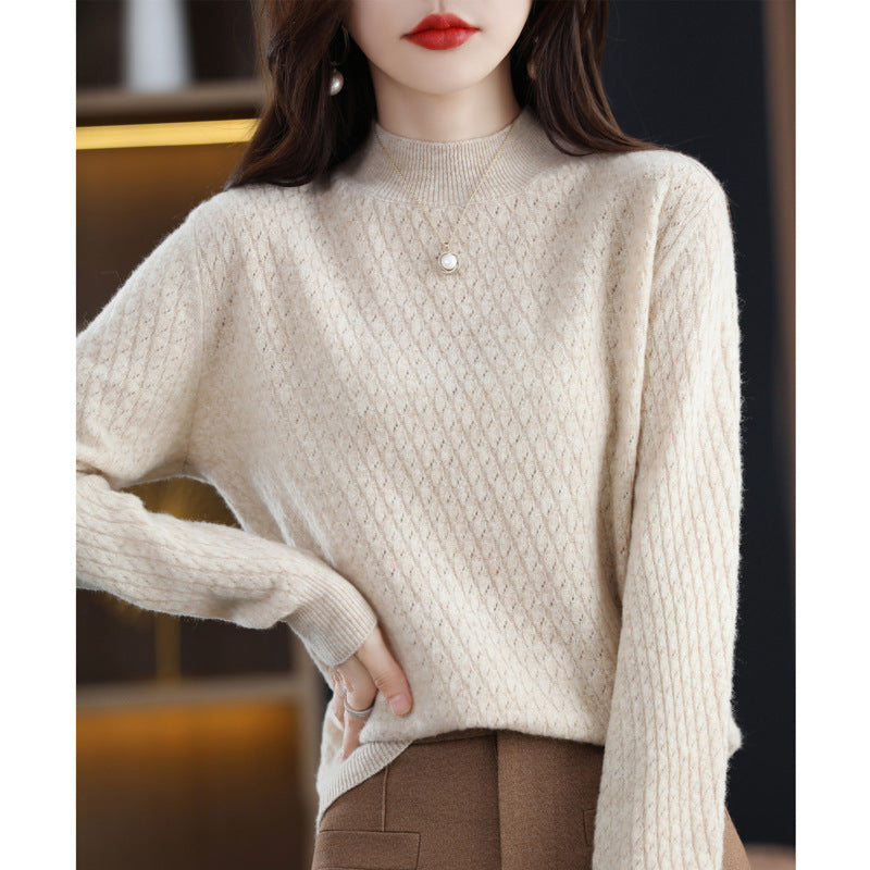 Pure Wool Women's Half-Turtleneck Knitted Sweater - Bottoming Shirt Style