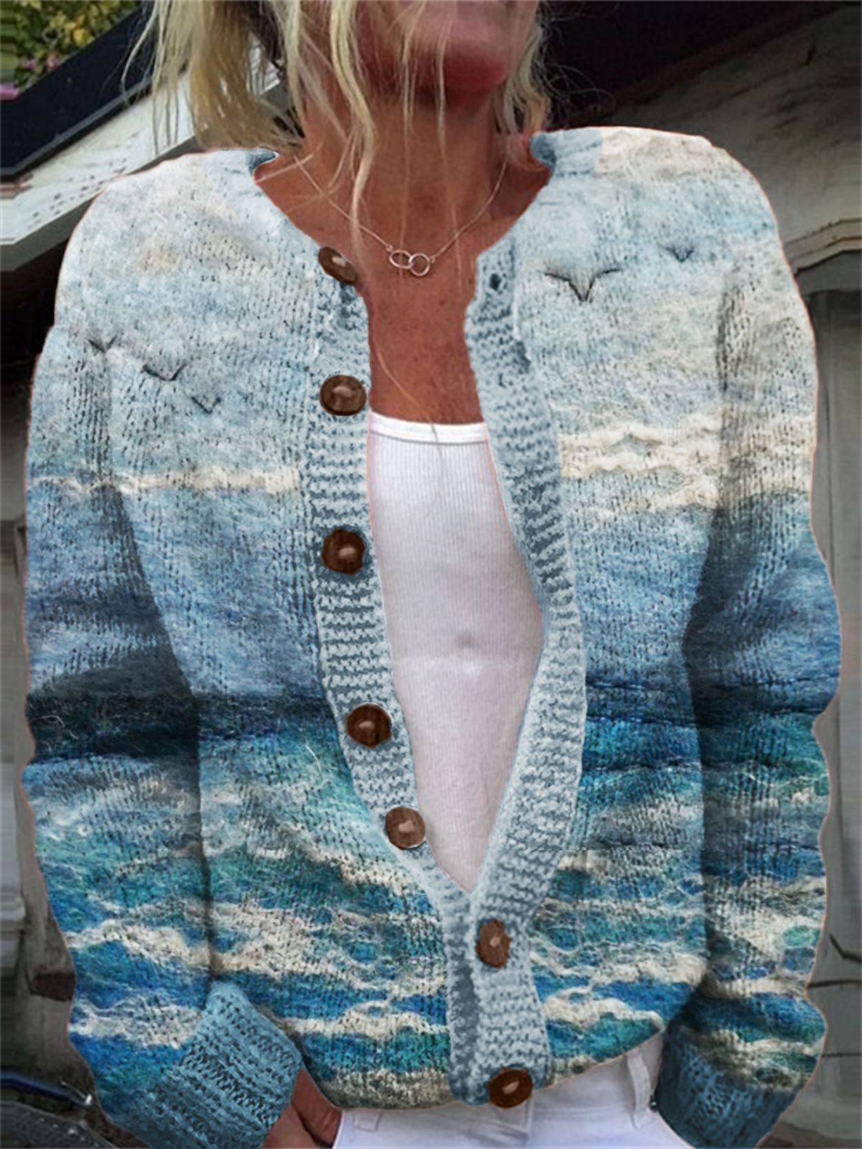 Women's 3D Digital Printing Cardigan – Knitted Coat with Imitation Sweater Design