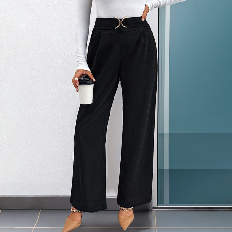 European and American Style Solid Color High-Waisted Straight Pants with Buckle