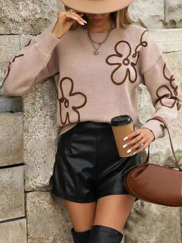 Fashionable Solid Color Flower Jacquard Knit Pullover Sweater