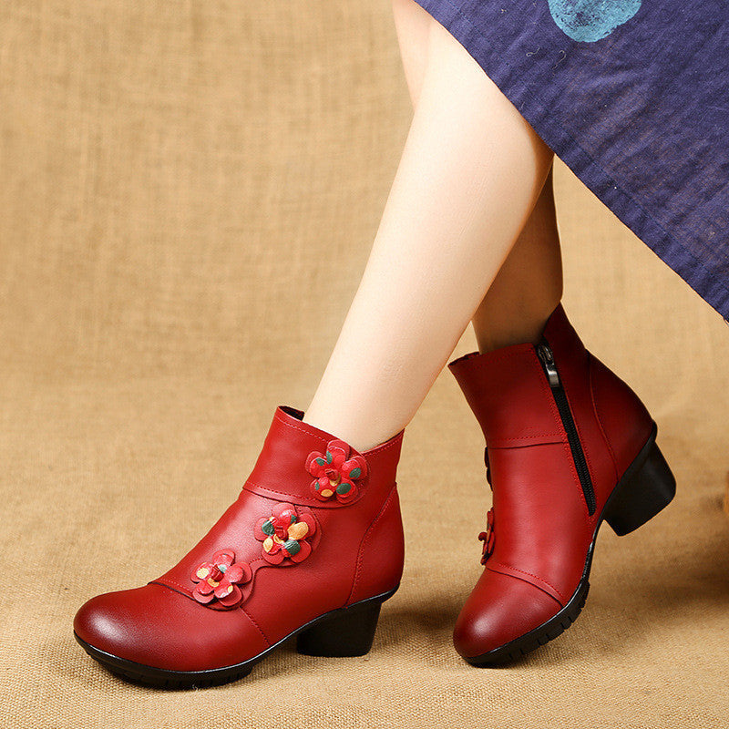 Ethnic Style Leather Mid-Heel Ankle Boots