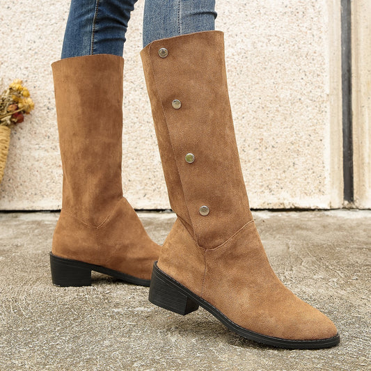 Versatile European and American Trendy Mid-Calf Riding Boots with Unique Design