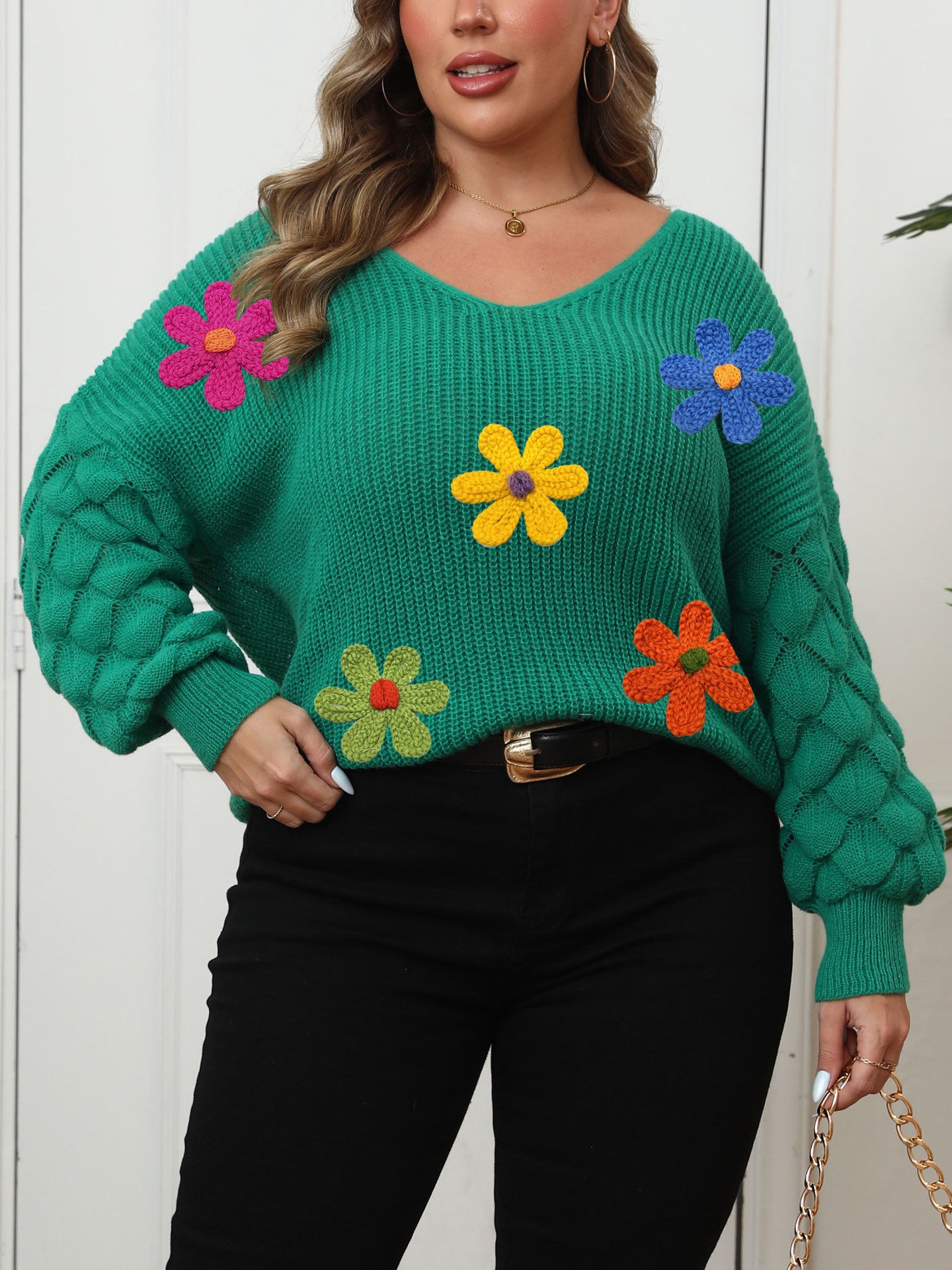 Plus-size Women's Sweater Pineapple Sleeve Patch Base Shirt 3D Wool Embroidery Flowers