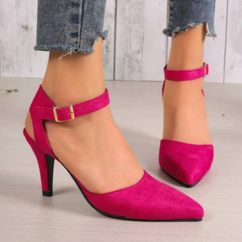 Fashionable Pointed-Toe High Heel Shoes with Square Buckle Detail