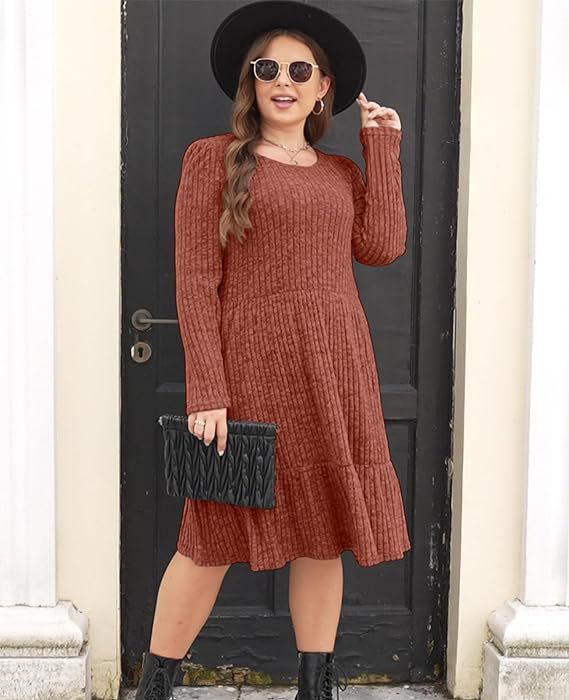 Solid Color Round Neck Knitted Sweater Dress