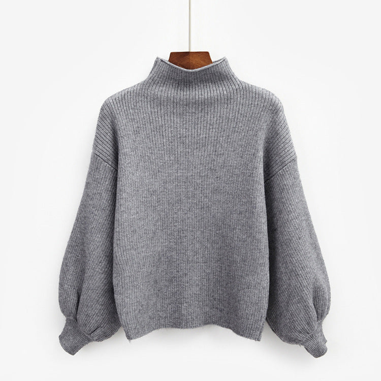 Half Turtleneck Lantern Sleeve Sweater – Loose Fit with Slimming Base Knitwear Design