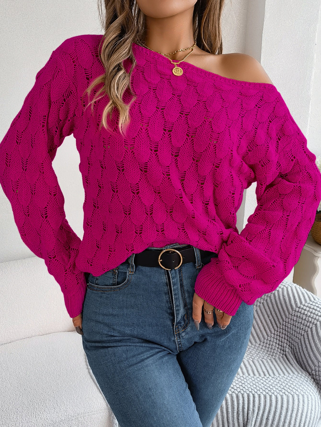 Hollow-Out Off-Shoulder Sweater with Off-Neck and Lantern Sleeves