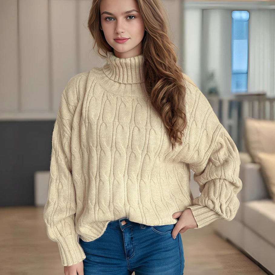 Loose Solid Color Turtleneck Pullover for Commuting