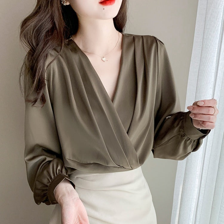 Women's V-Neck Satin Long-Sleeve Professional Blouse – Elegant Bottoming Shirt