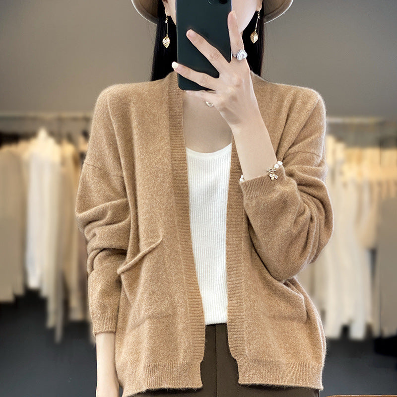 Solid Color V-Neck Cardigan – Thin, Loose-Fit, Slimming, All-Matching Coat with Pockets