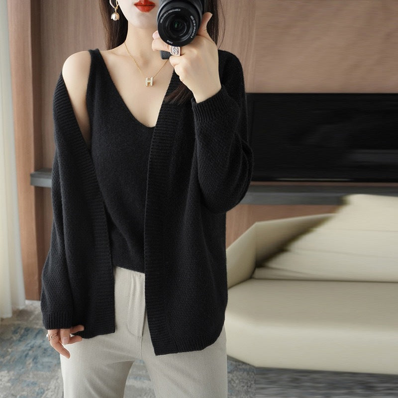 Knitted Cardigan with Two-Piece Sling and V-Neck Sweater – Elegant Temperament Design