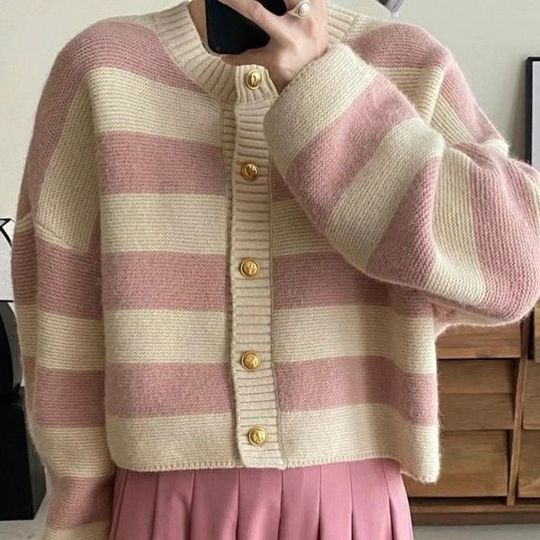 Spring and Autumn Striped Round Neck Sweater for Women