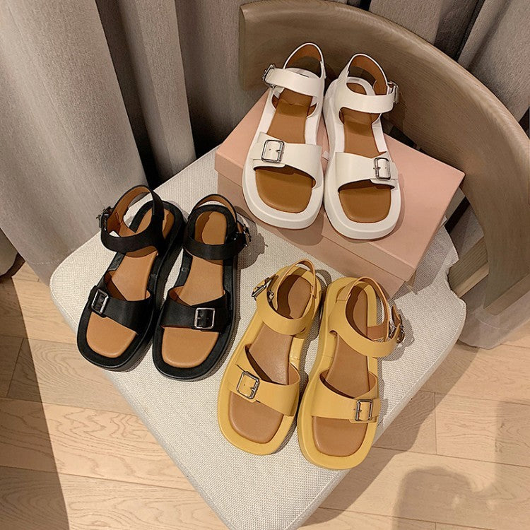 Flat Platform Sandals with Open Toe and Belt Buckle