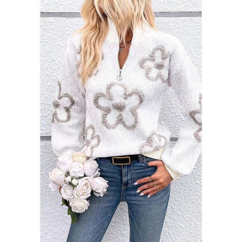 Women's Half-Cardigan Zipper Pullover Sweater with Flower Jacquard Design