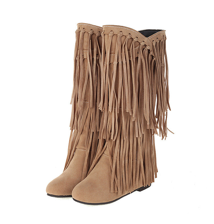 Autumn and Winter Tassel Round Toe Invisible Elevated Casual High Leg Boots for Women