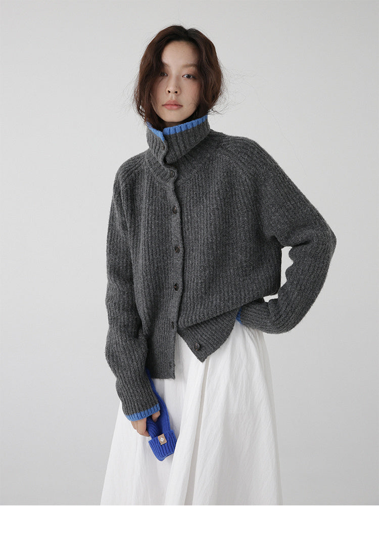 Color-Blocking Collar Single-Breasted Wool Knit Cardigan Jacket