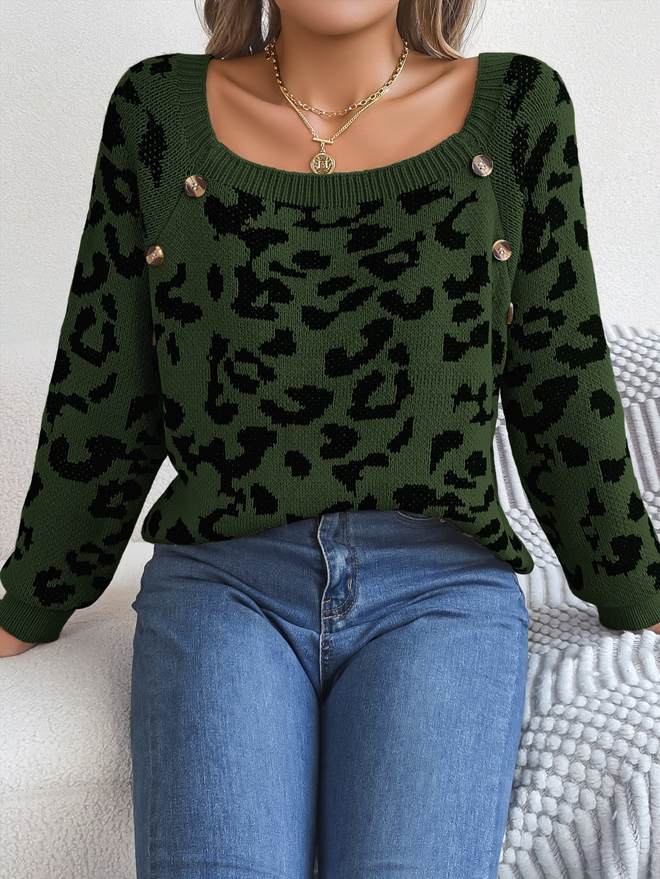 Casual Square Collar Button Contrast Color Leopard Print Long Sleeve Sweater