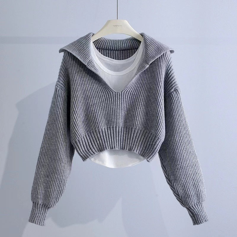 Sailor Collar Thick Loose-Fit Short Sweater for Women