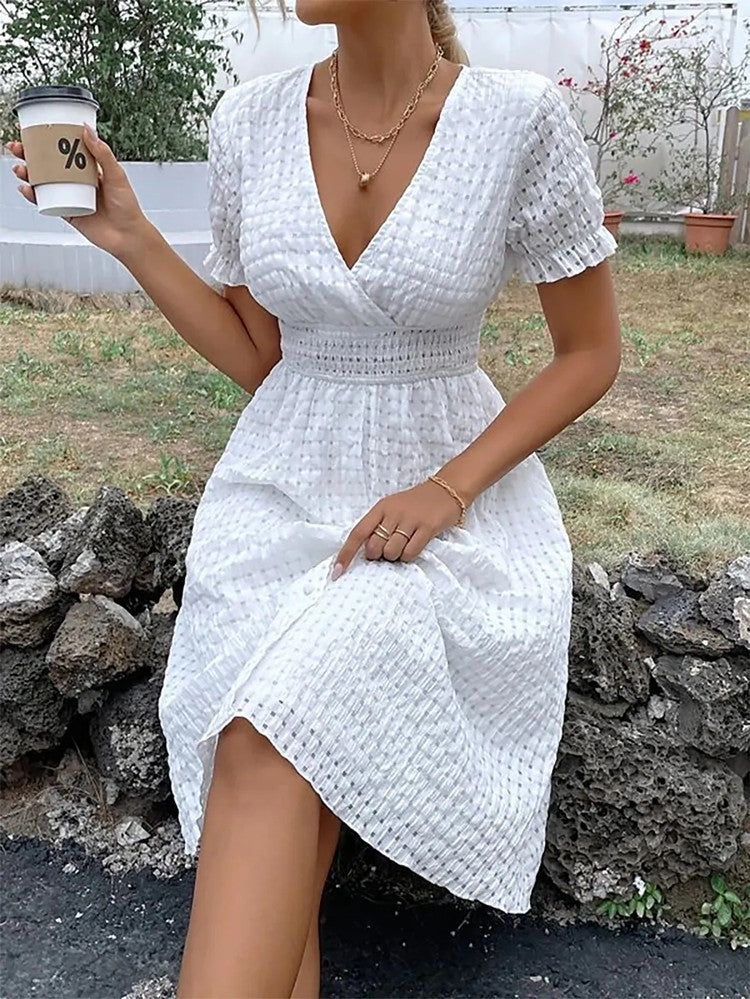 White Deep V-Neck Waffle Knit Bohemian Dress