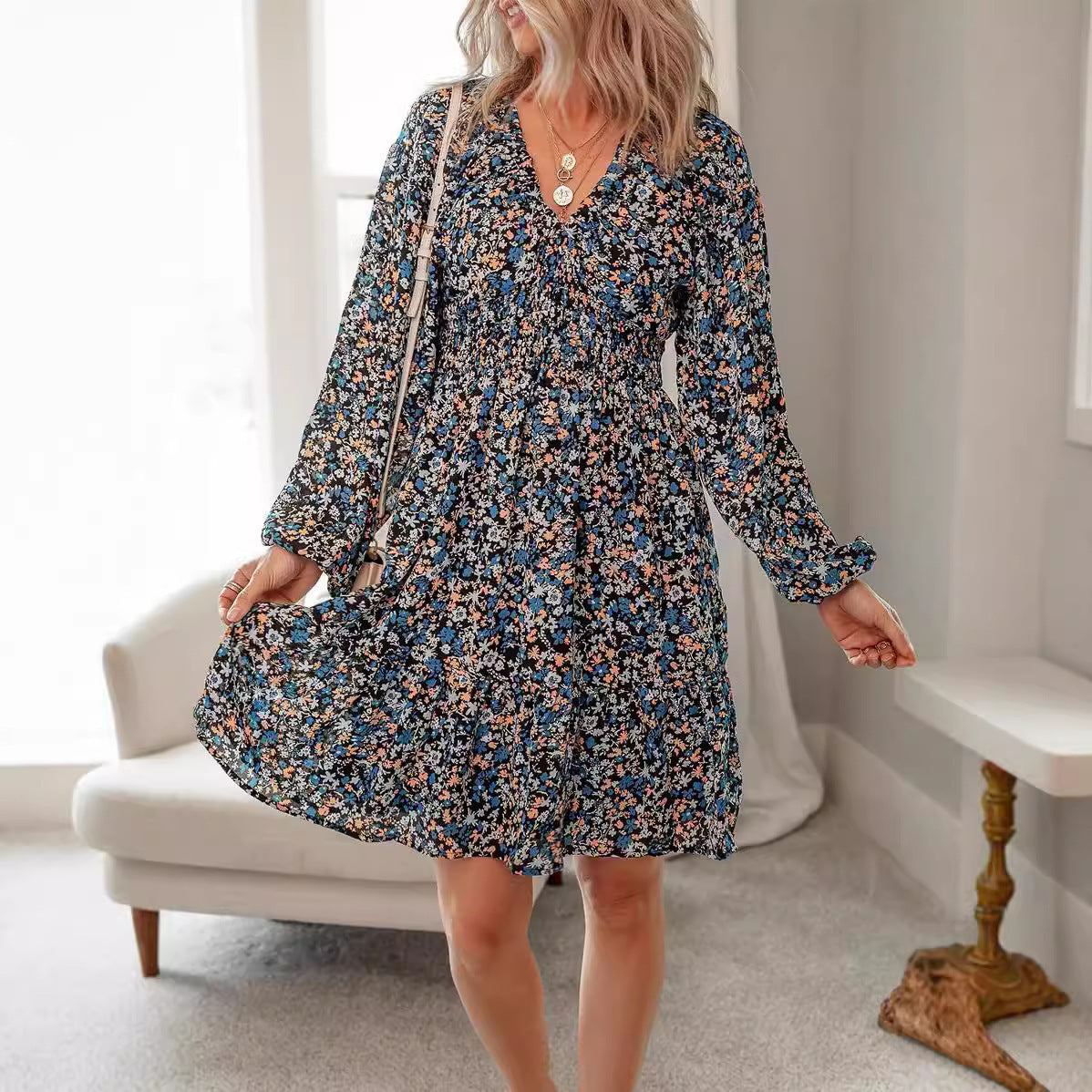 Floral V-Neck Long Sleeve Dress – Pleated with Elastic Waist for a Flattering Fit