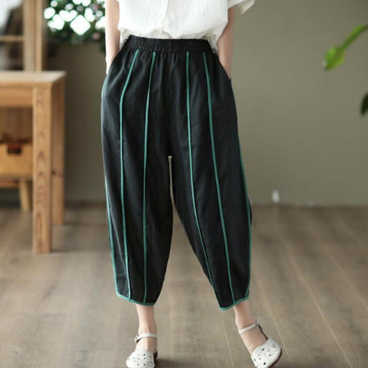 Women's Summer Thin Striped Cotton Linen Cropped Pants