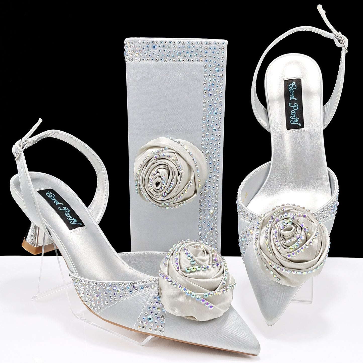 Women's Handmade Flower-Decorated Shoes and Bag Set – High-Temperature Rhinestone Satin High Heels