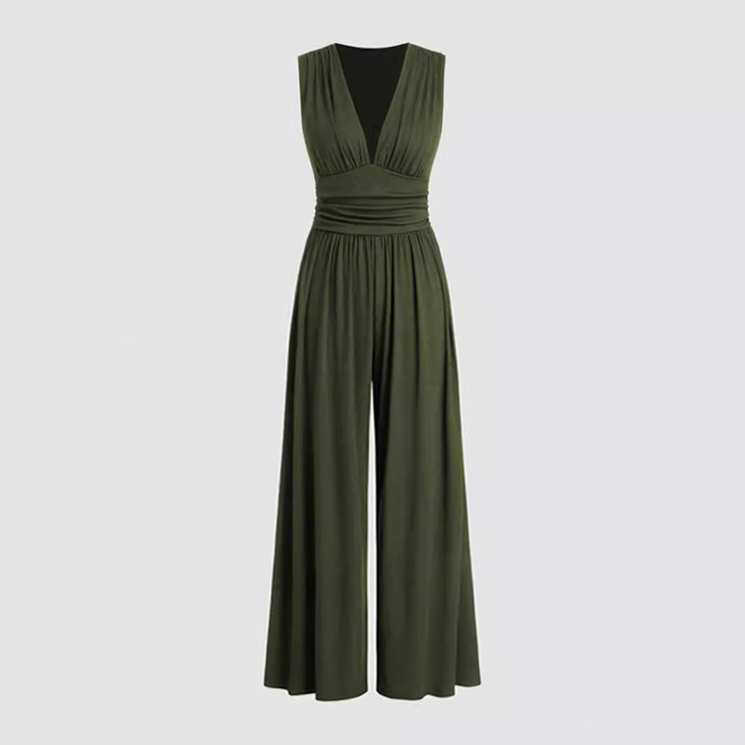 Women's Deep V-Neck Pleated Wide-Leg Jumpsuit with Stretch Body-Shaping Design