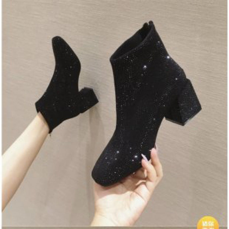 Suede High Heel Boots with Rhinestone and Sequin Embellishments